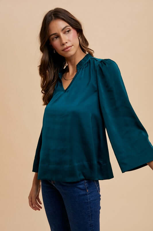 Annie Wear Satin Notched Three-Quarter Sleeve Blouse - In Style Chics Boutique LLC