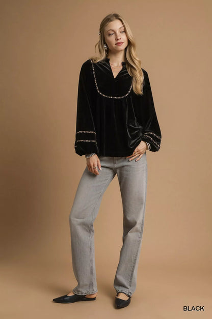 Velvet Long Sleeve Blouse with Contrast Trim at In Style Chics Boutique 