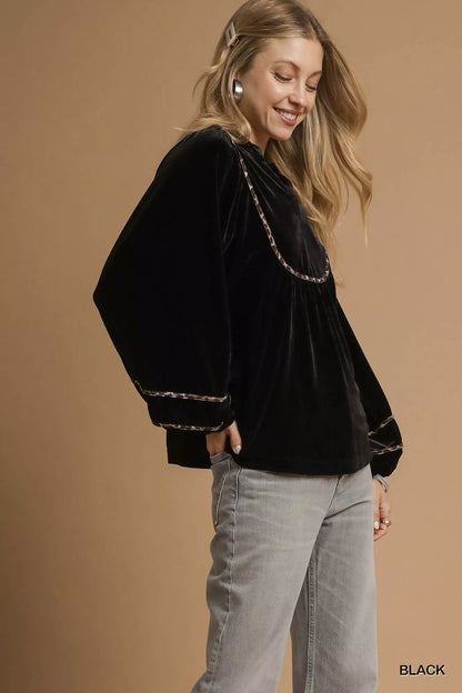 Velvet Long Sleeve Blouse with Contrast Trim at In Style Chics Boutique 