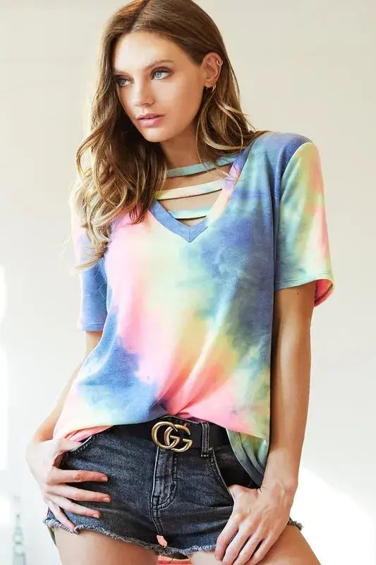 Tie-Dye V-Neck Short Sleeve T-Shirt - In Style Chics Boutique Women's Juniors Apparel Online Cute Summer Clothes