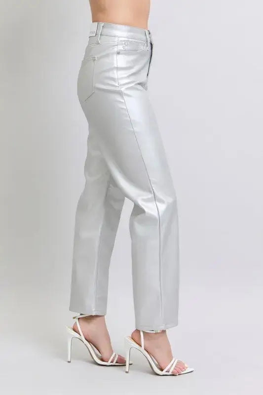 Judy Blue High Waist Silver Faux Leather Pants - In Style Chics Boutique Women's Juniors Plus Size Apparel Online 
