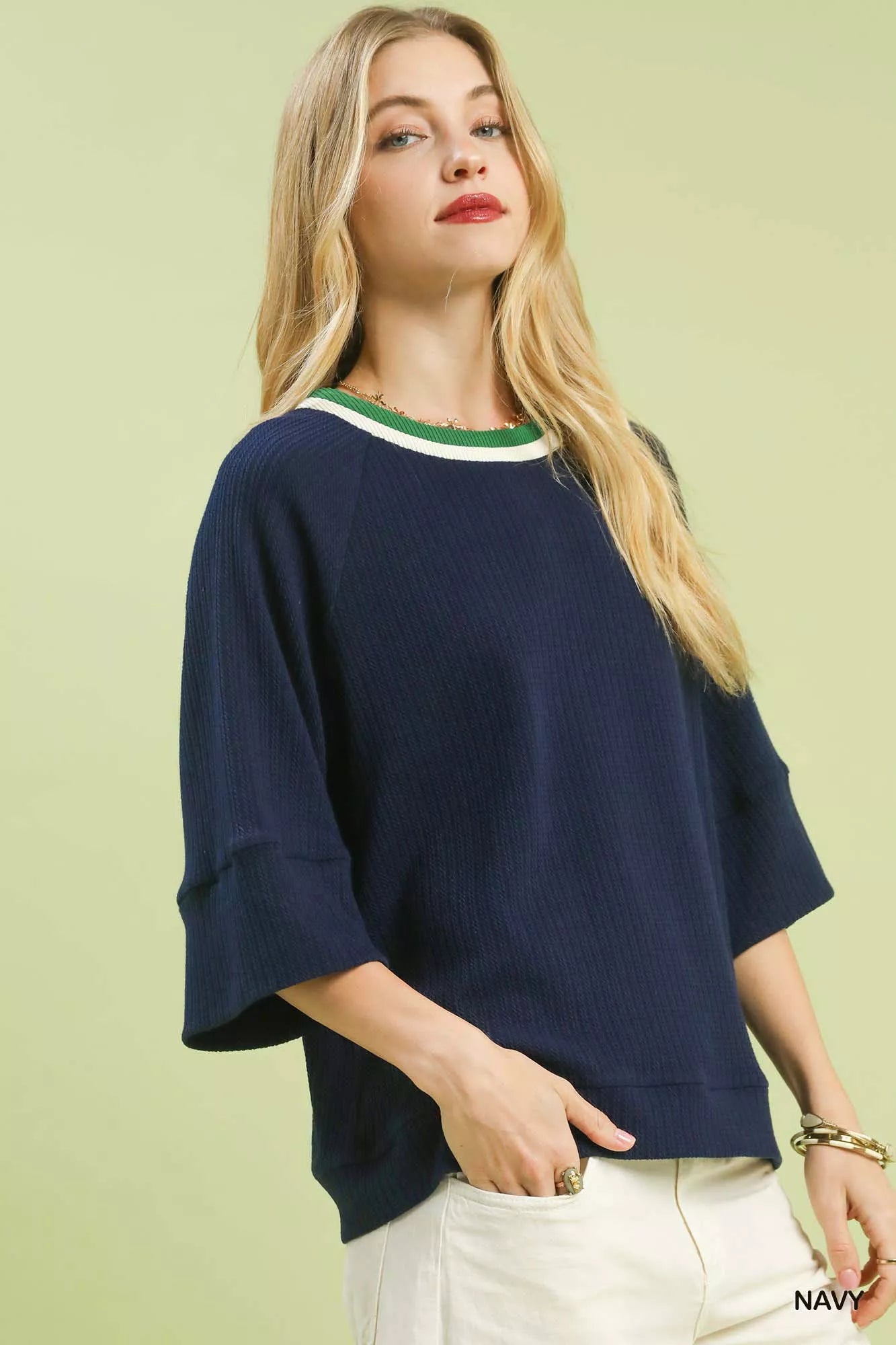 Shop Ribbed Knit Navy Top with Contrast Trim at In Style Chics Boutique 