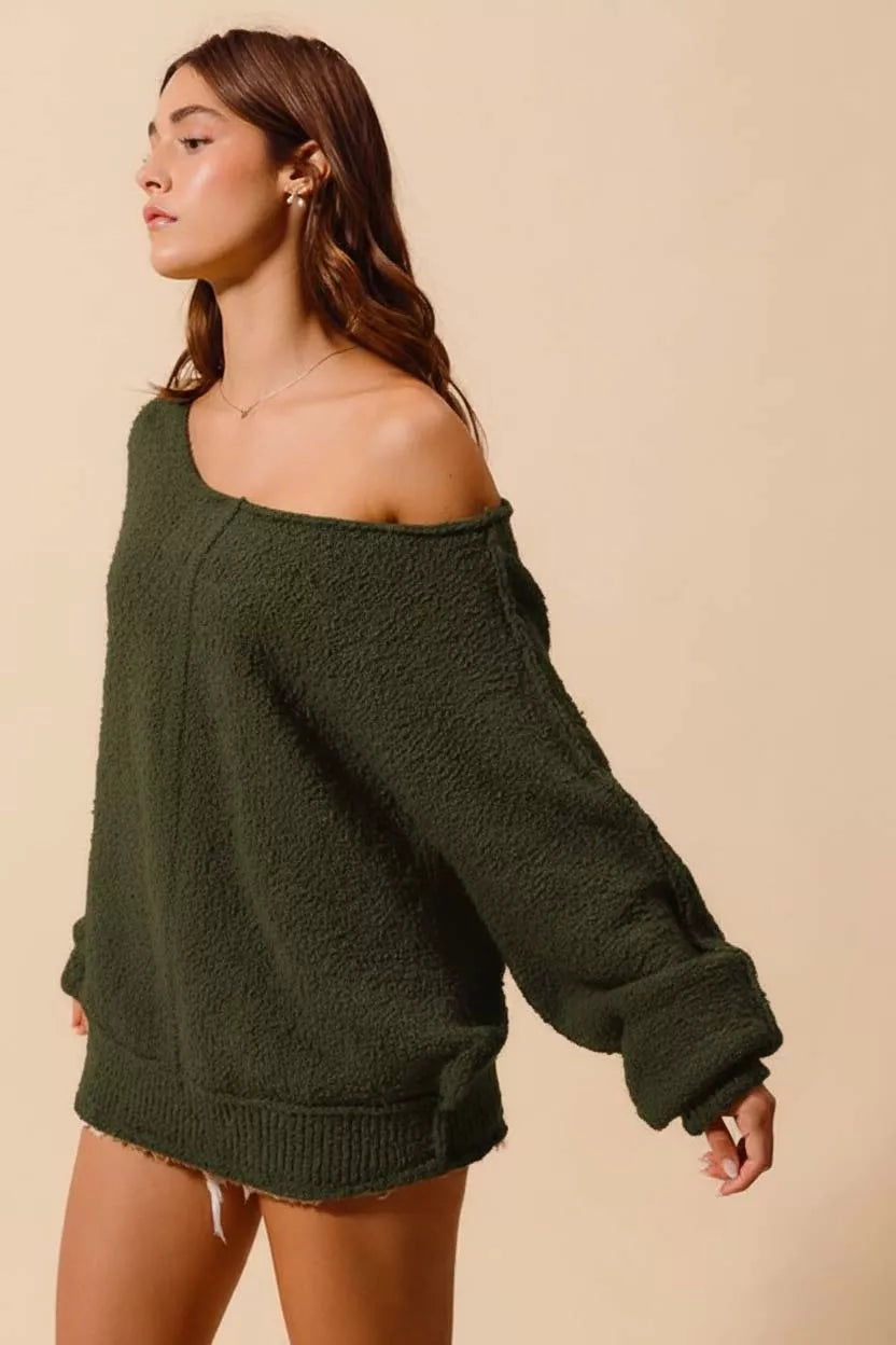 Loose Fit Exposed Seam Slouchy Boucle Sweater at In Style Chics Boutique 