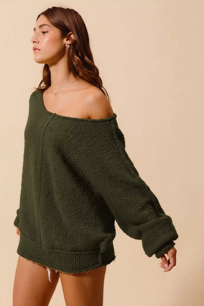 Loose Fit Exposed Seam Slouchy Boucle Sweater at In Style Chics Boutique 