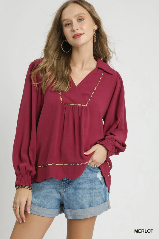 Linen Blouse Scallop Hem with Contrast Trim at In Style Chics Boutique 