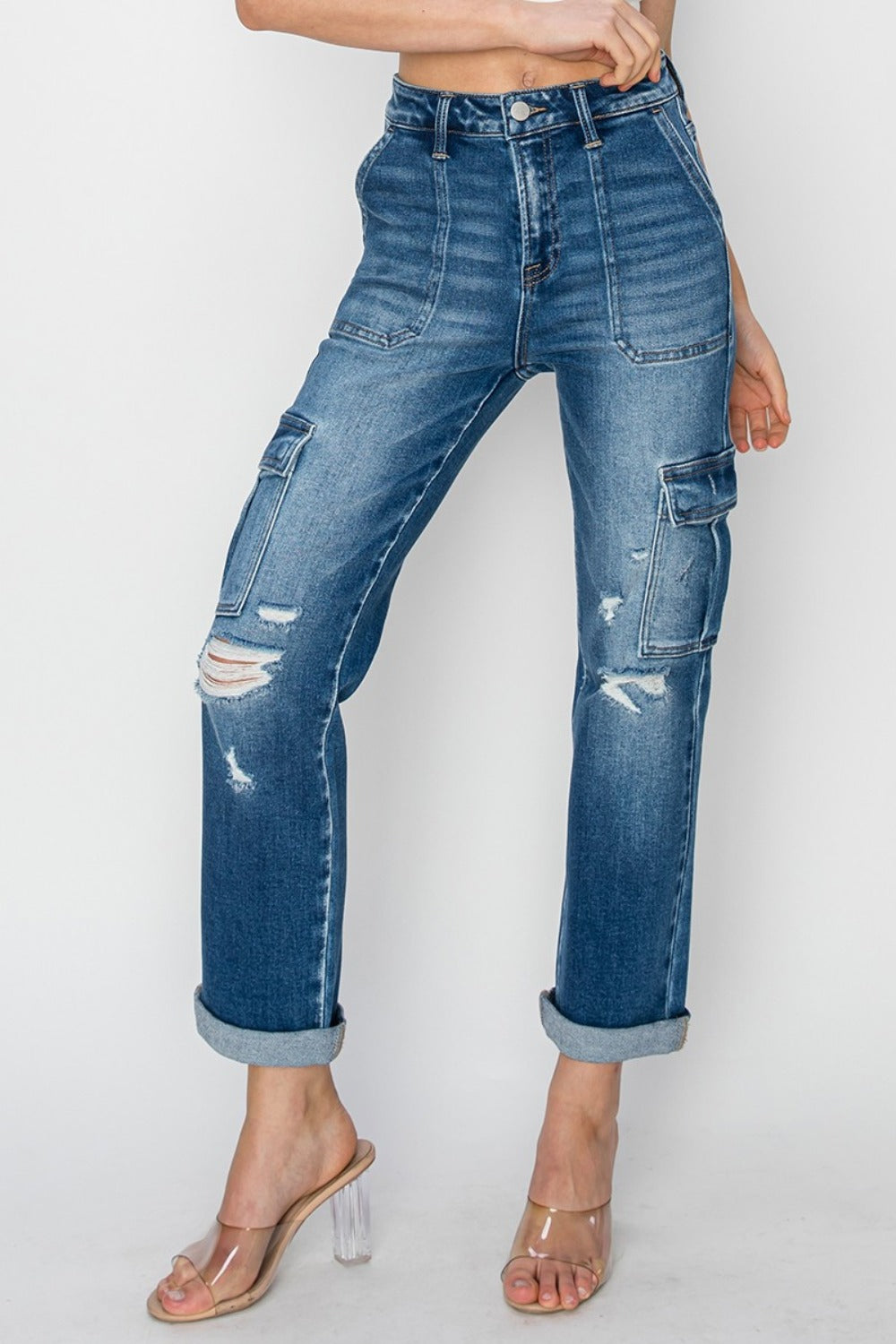 RISEN Full Size High Rise Cargo Ankle Roll Up Straight Jeans - In Style Chics Boutique LLC