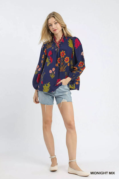Flower Print Blouse with Scalloped Neckline at In Style Chics Boutique 