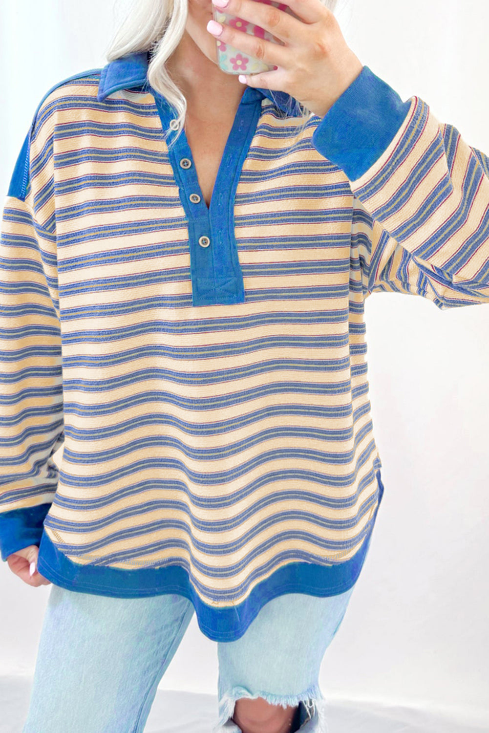 Stripe Collared V Neck Drop Shoulder Top - In Style Chics Boutique LLC
