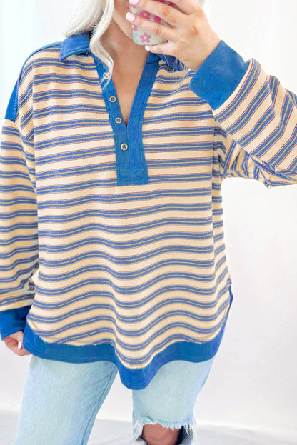 Stripe Collared V Neck Drop Shoulder Top - In Style Chics Boutique LLC