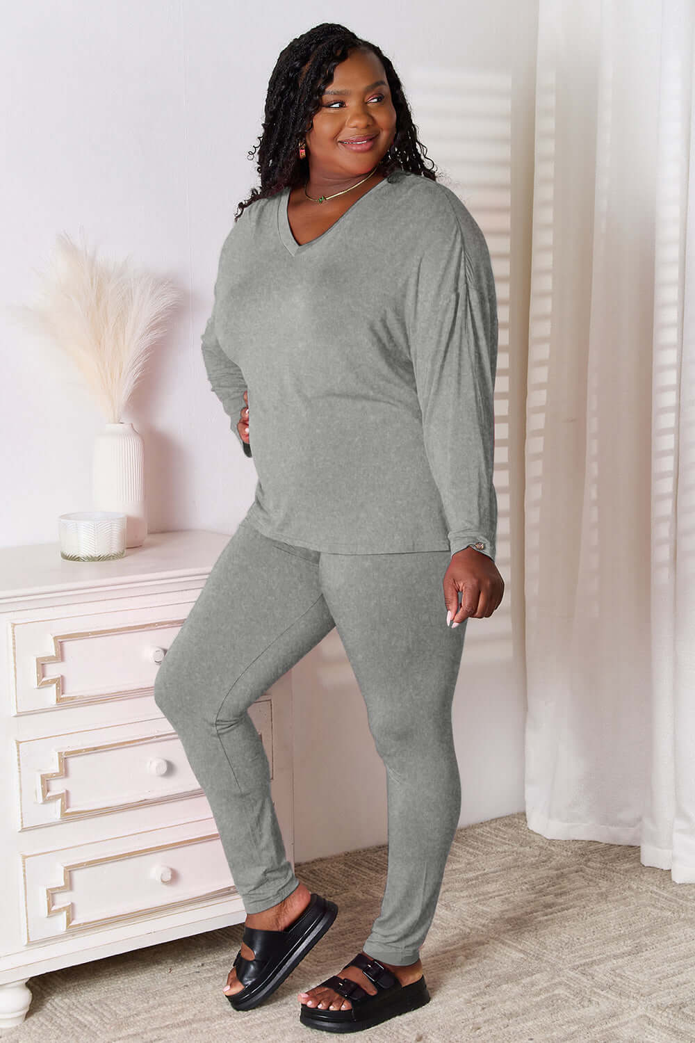 Basic Bae Bamboo Full Size V-Neck Long Sleeve Top and Pants Lounge Set - In Style Chics Boutique LLC