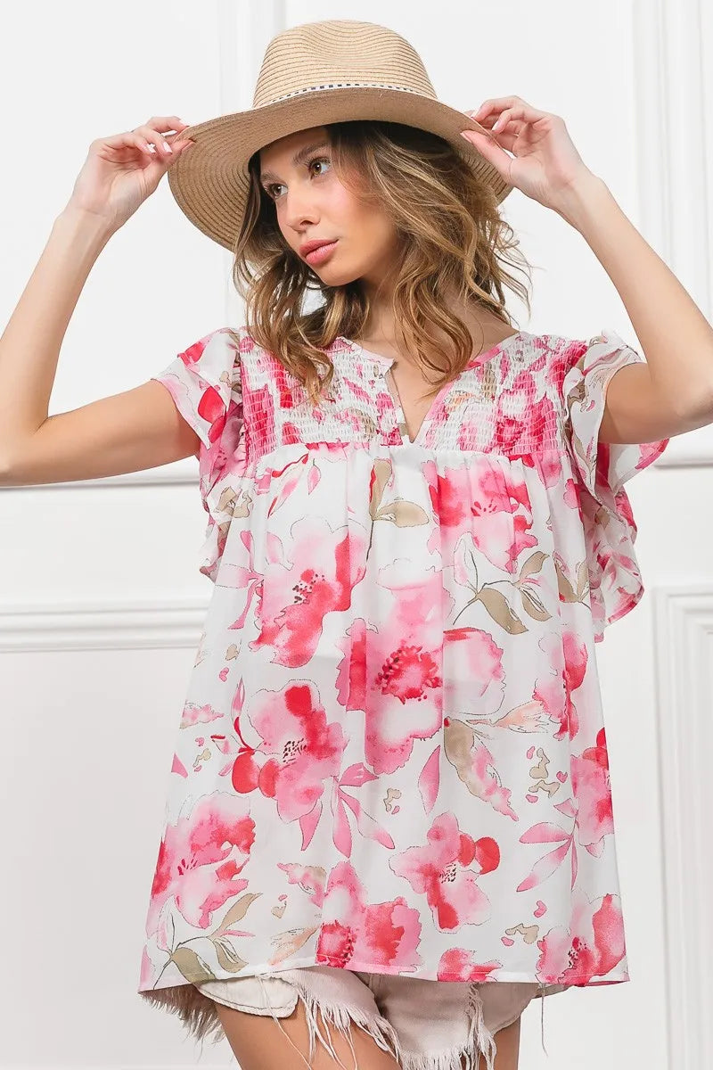 Floral Print Flutter Sheer Top at In Style Chics Boutique 