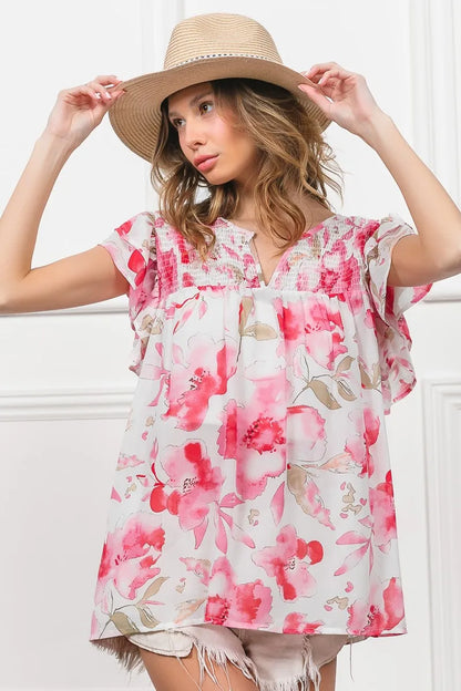 Floral Print Flutter Sheer Top at In Style Chics Boutique 
