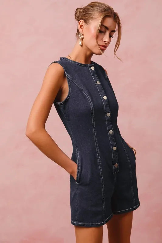 Washed Denim Sleeveless Romper Button Up Front - In Style Chics Boutique
