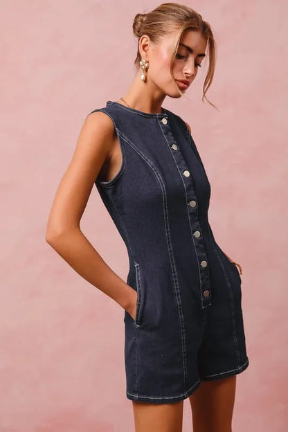Washed Denim Sleeveless Romper Button Up Front - In Style Chics Boutique