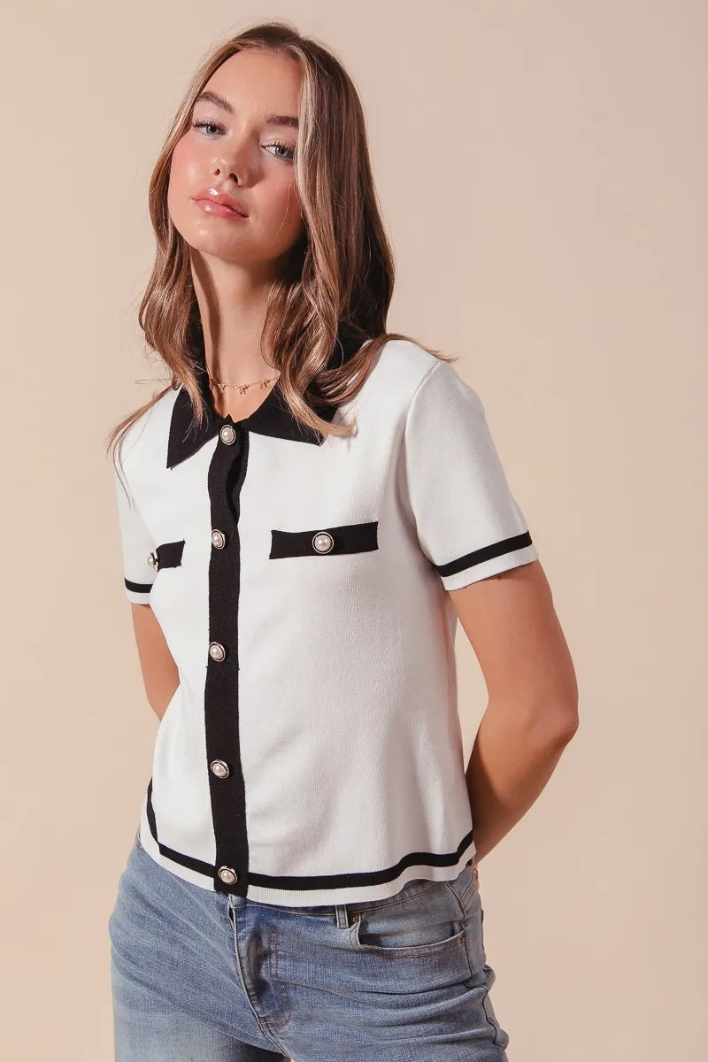 Button Down Knitted Short Sleeve Sweater  at In Style Chics Boutique 