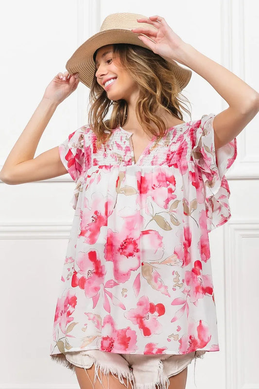 Floral Print Flutter Sheer Top at In Style Chics Boutique 