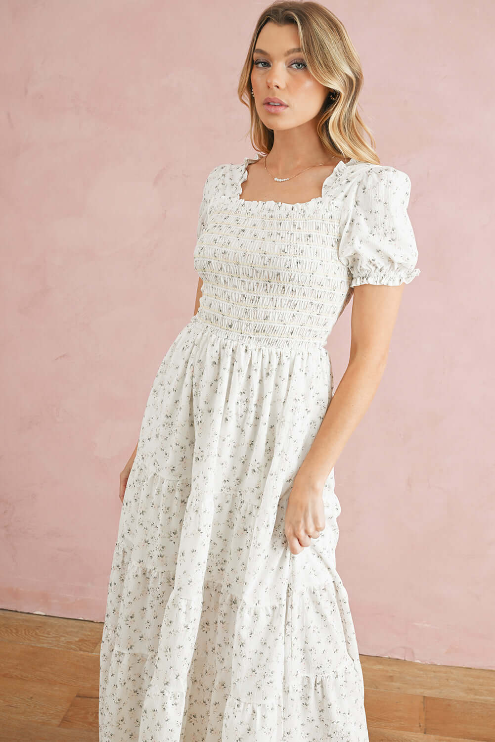 White Frill Neckline Shirred Bodice Floral Maxi Dress - In Style Chics Boutique Online Clothing Women's Juniors Apparel 