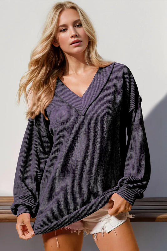Exposed Seam Ribbed Textured V-Neck Long Sleeve T-Shirt at In Style Chics Boutique 