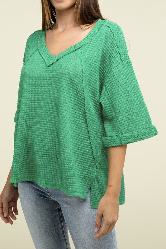 Brushed Waffle Exposed-Seam 3/4 Sleeve Top - In Style Chics Boutique LLC