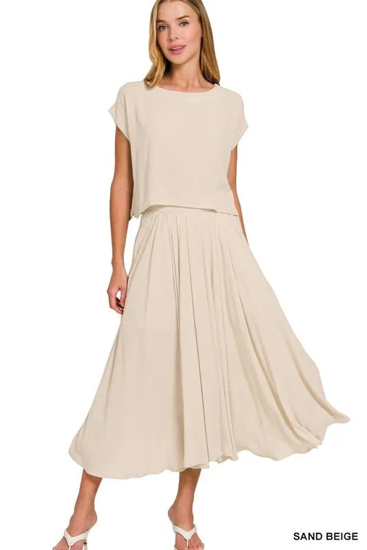 Crop Tee and Skirt Set, Woven Crinkle Gauze - In Style Chics Boutique 