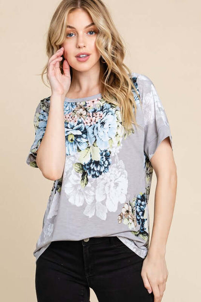 Floral Round Neck Short Sleeve T-Shirt - Cute Clothing Online - LuLaRoe Alternative -Avoid Tariffs - Made in the US Women's Juniors Apparel - In Style Chics Boutique 