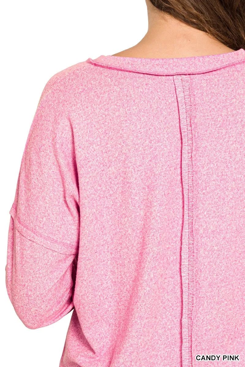 Zenana soft melange hacci exposed seam tee with coin pocket, lightweight and casual at In Style Chics Boutique