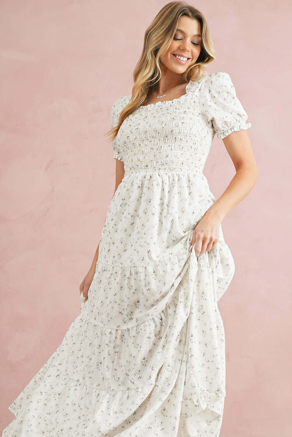 White Frill Neckline Shirred Bodice Floral Maxi Dress - In Style Chics Boutique Online Clothing Women's Juniors Apparel 