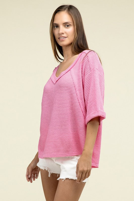 Brushed Waffle Exposed-Seam 3/4 Sleeve Top - In Style Chics Boutique LLC