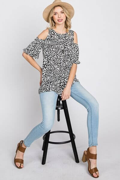 Leopard Round Neck Cold Shoulder T-Shirt Plus Size