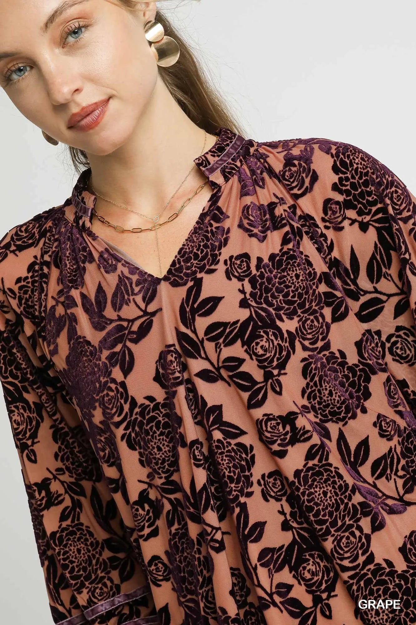 Floral Velvet Blouse with Balloon Sleeves at In Style Chics Boutique