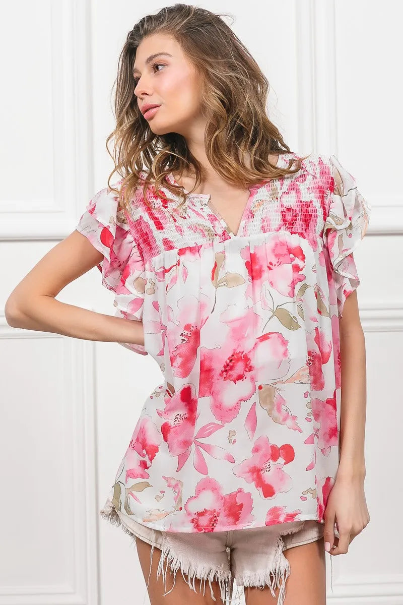 Floral Print Flutter Sheer Top at In Style Chics Boutique 