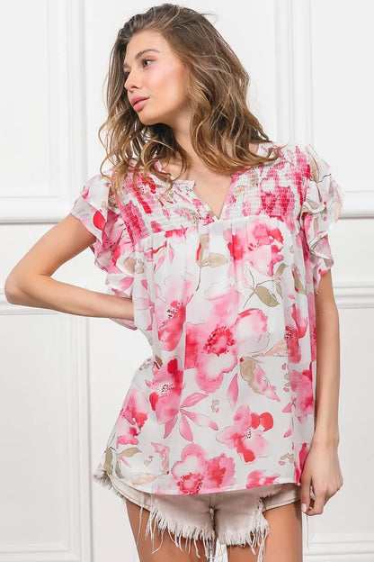Floral Print Flutter Sheer Top at In Style Chics Boutique 