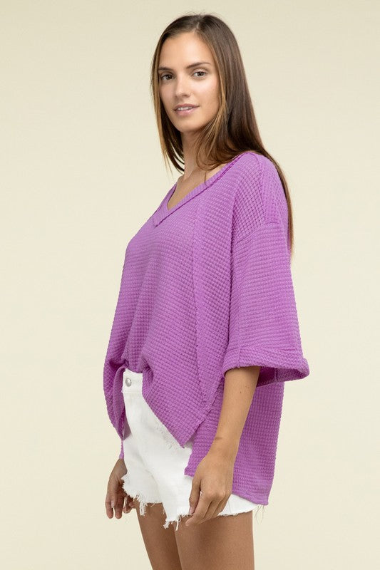 Brushed Waffle Exposed-Seam 3/4 Sleeve Top - In Style Chics Boutique LLC
