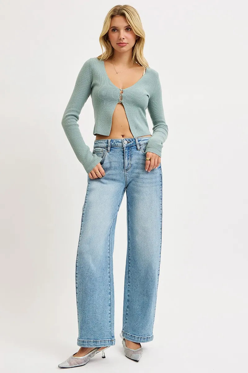 RISEN Mid Rise Wide Barrel Transferable Leg Snap Jeans at In Style Chics Boutique