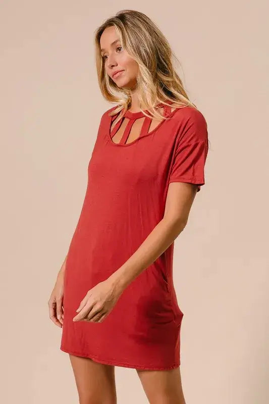 Front Cutout Mini Tee Dress with Pockets - Shop Cute Clothes Online - In Style Chics Boutique Women's Juniors Apparel 