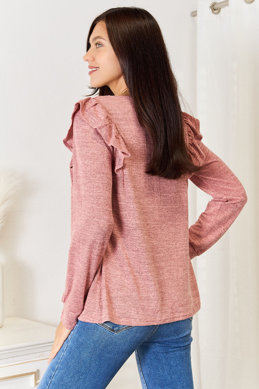 Square Neck Ruffle Shoulder Long Sleeve T-Shirt Shop Deals at In Style Chics Boutique 