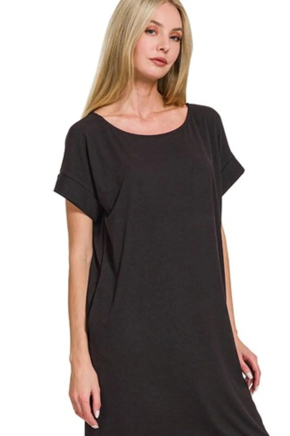 Black Dress, Rolled Short Sleeve Round Neck  - In Style Chics Boutique 