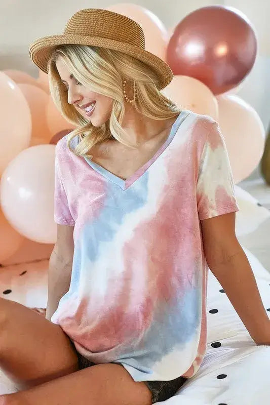 Tie Dye French Terry V Neck Top- Shein Alternative - In Style Chics Boutique Fashion for Women 