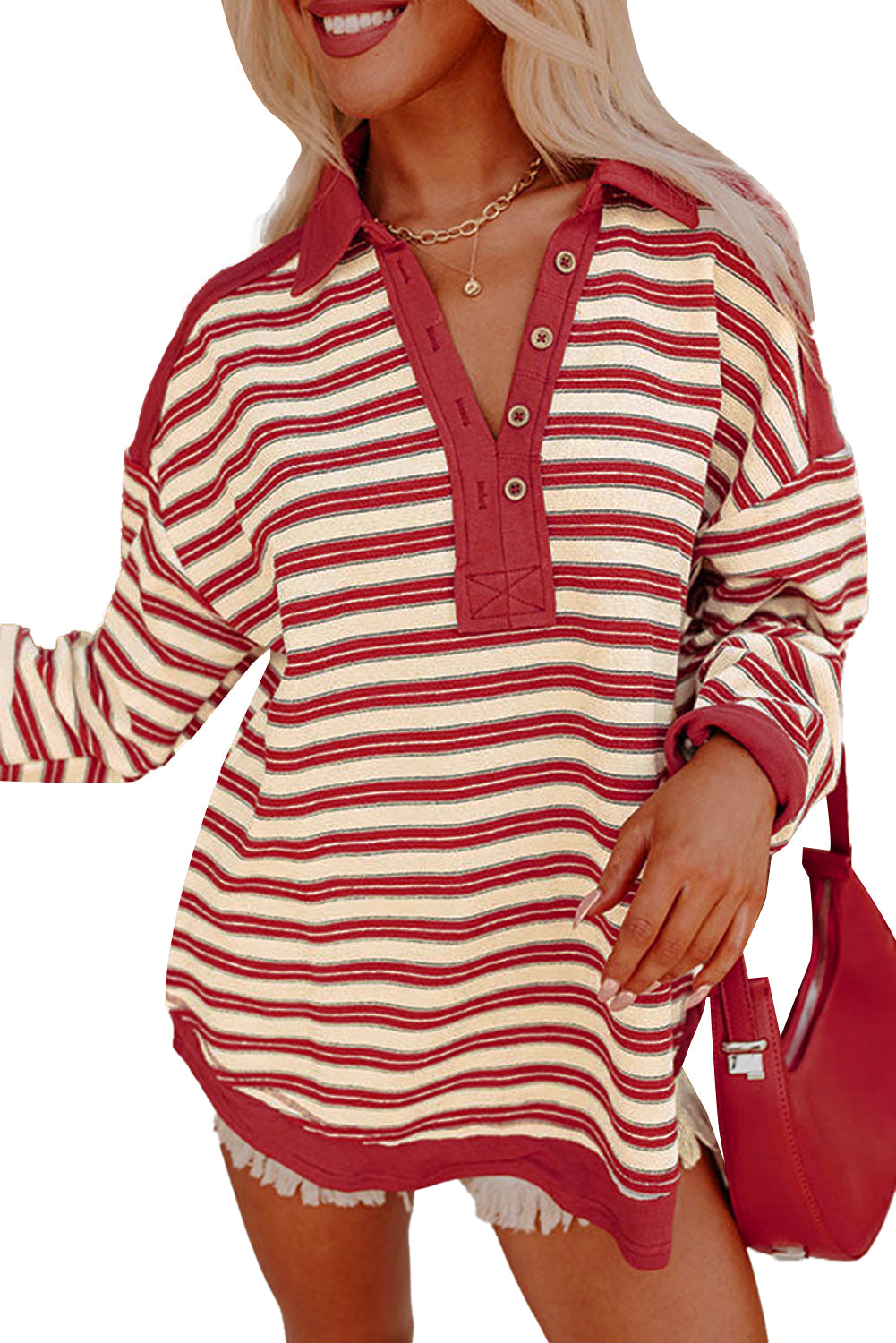 Stripe Collared V Neck Drop Shoulder Top - In Style Chics Boutique LLC