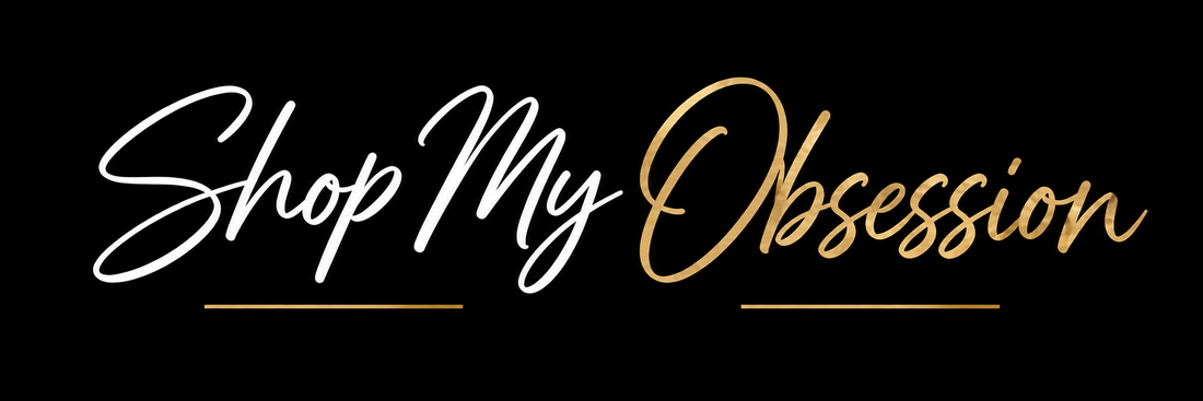 Shop My Obsession logo in white and gold on black background