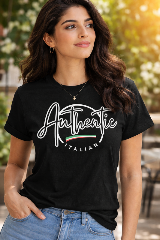 Black graphic t-shirt featuring the phrase “Authentic Italian” with an Italian flag underline.