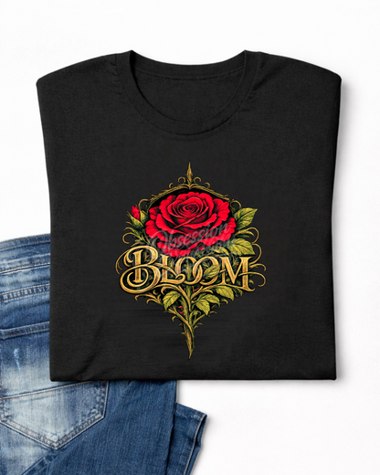 Bloom Rose Graphic Tee, Vintage Gold Typography Shirt, Empowerment Journey Apparel - In Style Chics Boutique