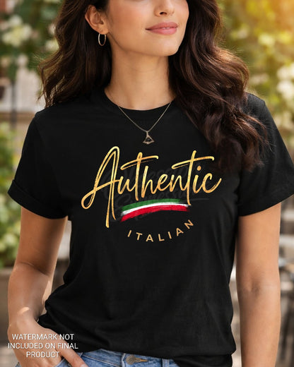 Authentic Italian Heritage Pride T-Shirt for Women, Faux Gold Foil Script