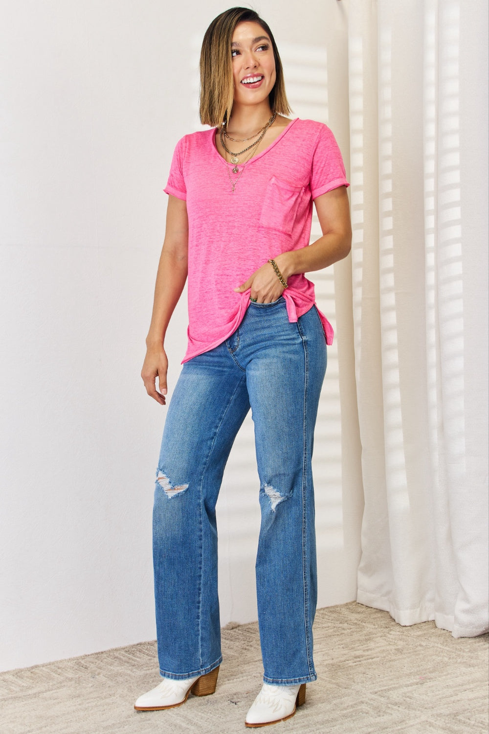 Zenana V-Neck Short Sleeve Slit T-Shirt - In Style Chics Boutique LLC