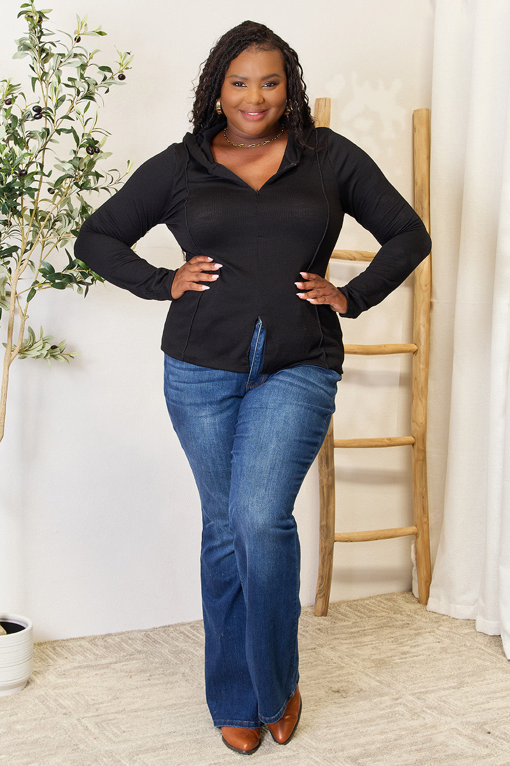 Culture Code Full Size Exposed Seam Long Sleeve Hoodie - In Style Chics Boutique LLC