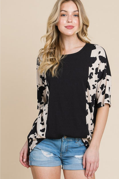 BOMBOM Rodeo Love Ribbed Animal Contrast Tee - In Style Chics Boutique LLC