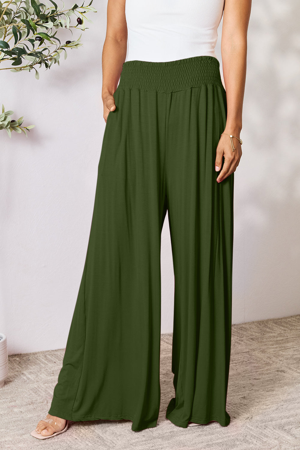 Double Take Full Size Smocked Wide Waistband Wide Leg Pants - In Style Chics Boutique LLC