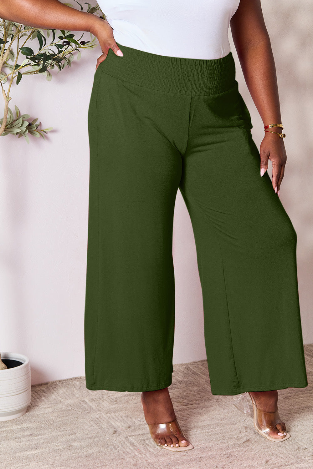 Double Take Full Size Smocked Wide Waistband Wide Leg Pants - In Style Chics Boutique LLC