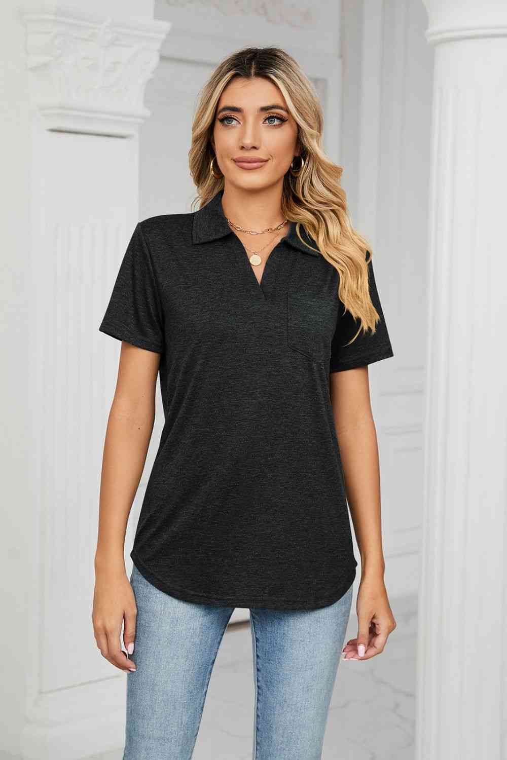 Curved Hem Johnny Collar Polo Shirt - More Colors! - In Style Chics Boutique LLC