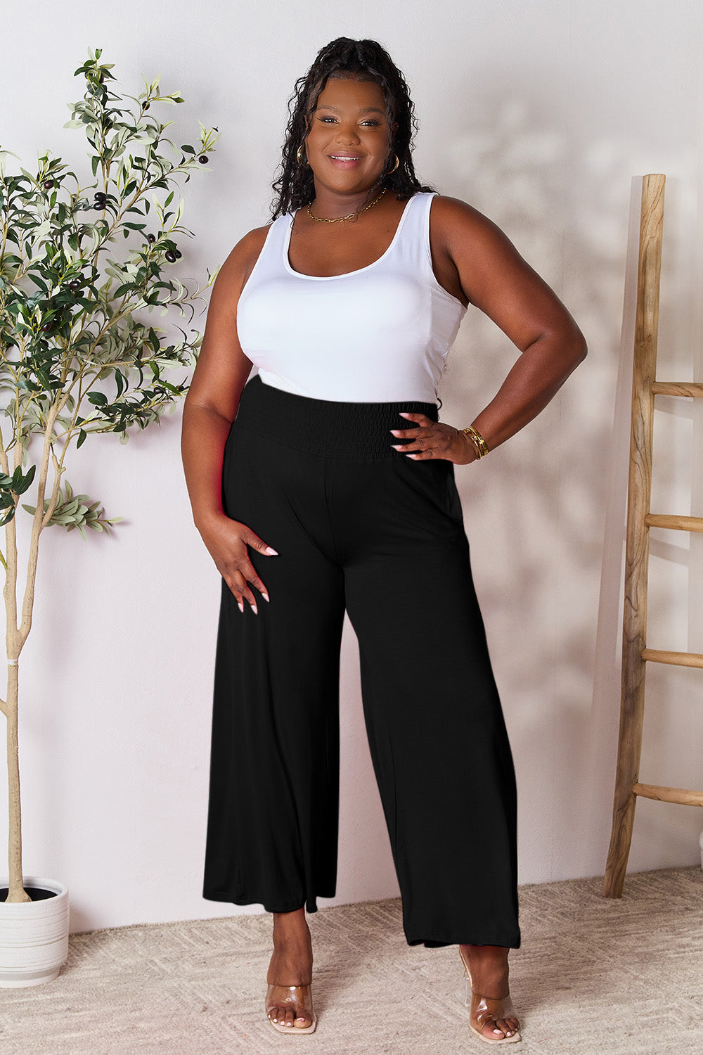 Double Take Full Size Smocked Wide Waistband Wide Leg Pants - In Style Chics Boutique LLC